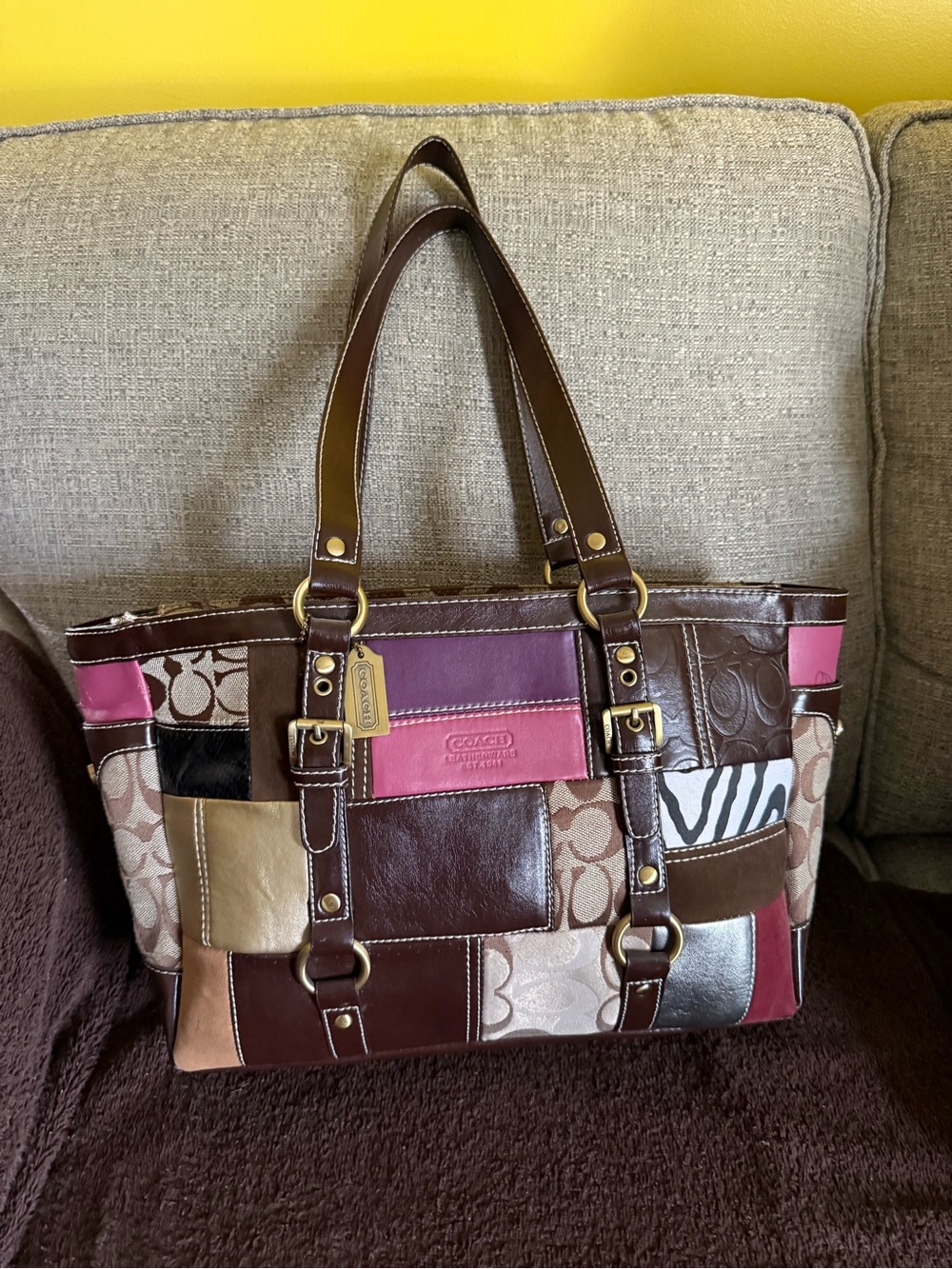 Coach Patchwork Leather Tote in Brown, Pink and Cream